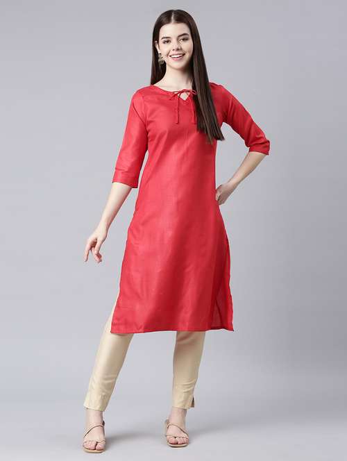 women solid three quarter sleeve straight kurta - 21682776 -  Standard Image - 0