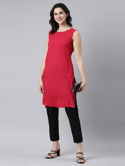women red solid round neck straight kurta - 21682777 - Standard Image - 0