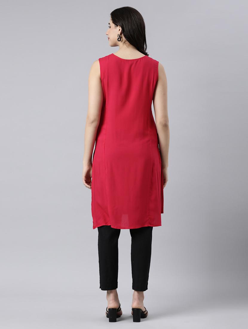 women red solid round neck straight kurta - 21682777 - Standard Image - 2