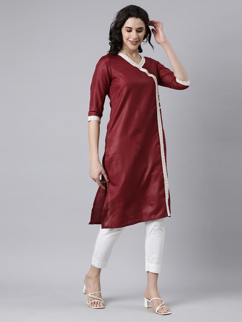women lace work three quarter sleeve straight kurta - 21682778 - Standard Image - 2