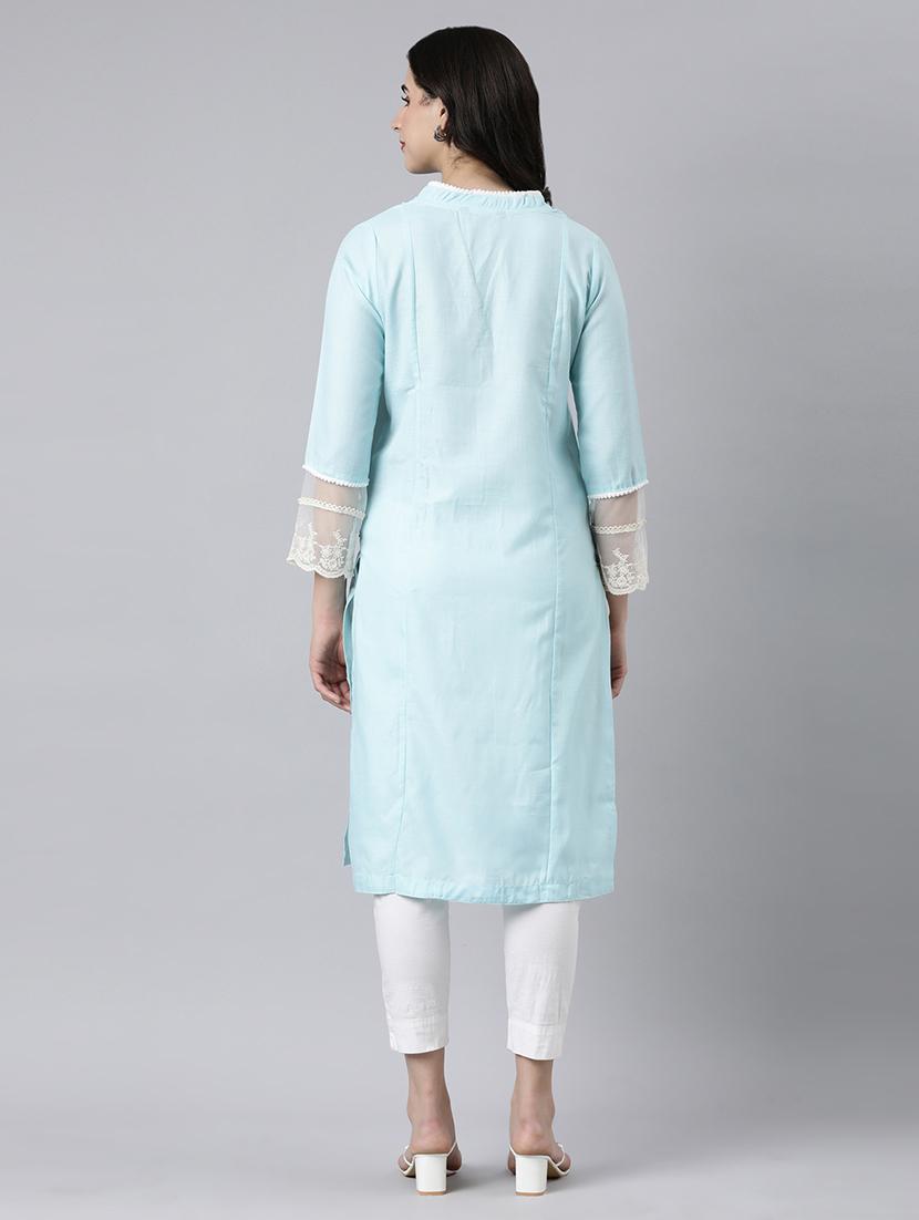 women solid three quarter sleeve straight kurta - 21682779 - Standard Image - 2