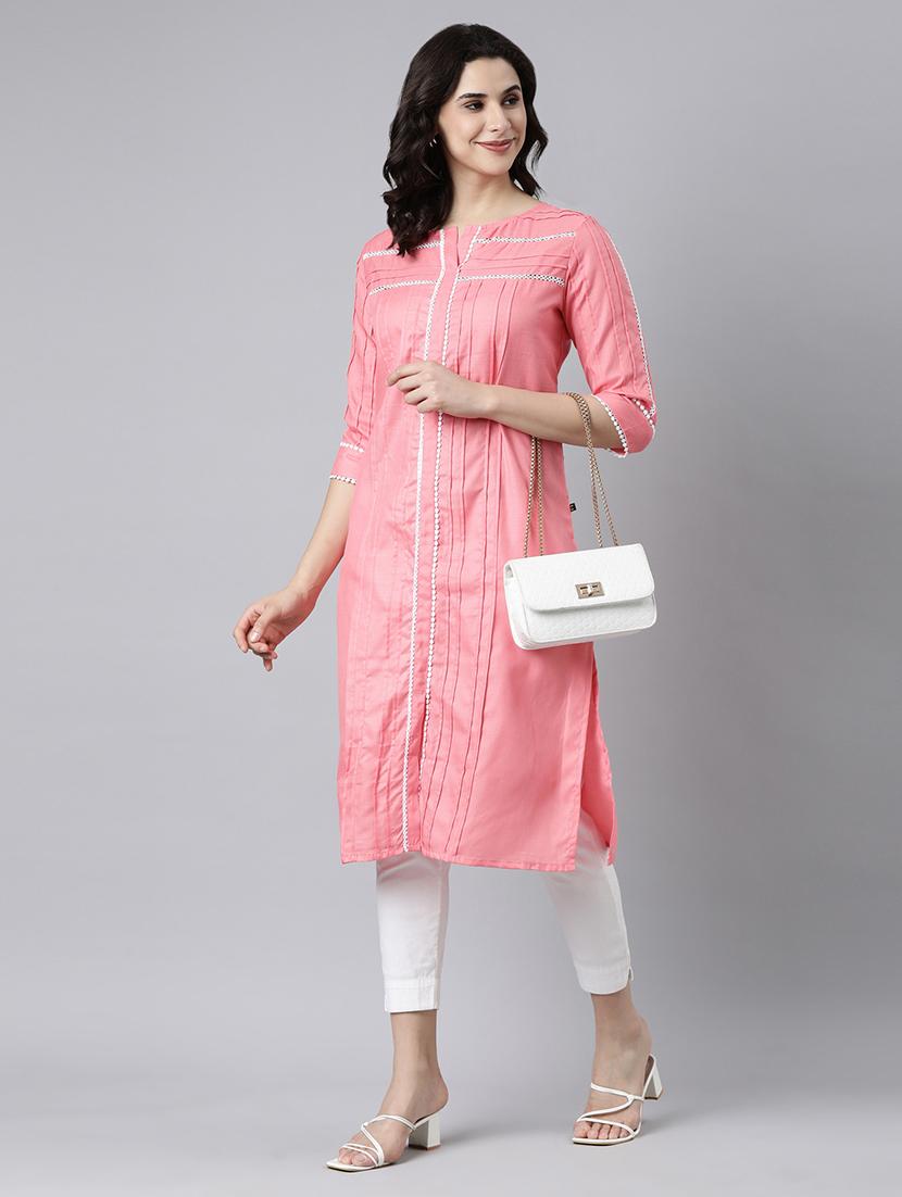women solid three quarter sleeve straight kurta - 21682780 - Standard Image - 2