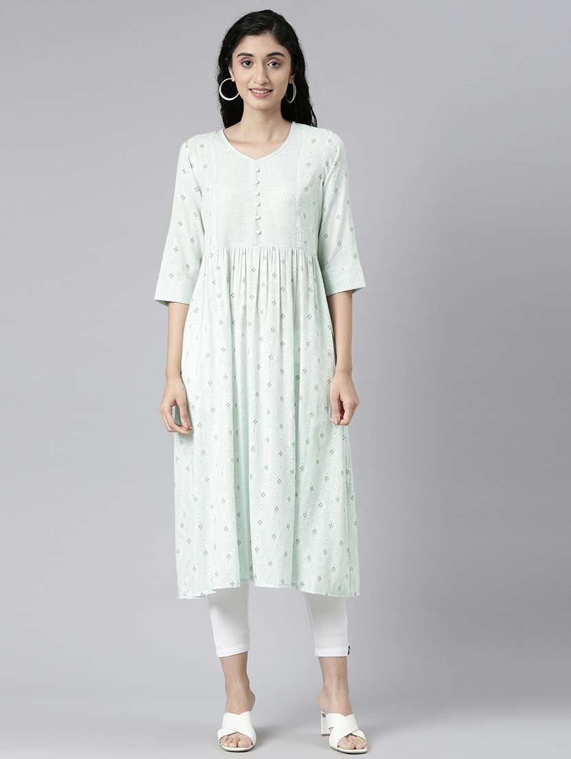 women printed three quarter sleeve a-line kurta