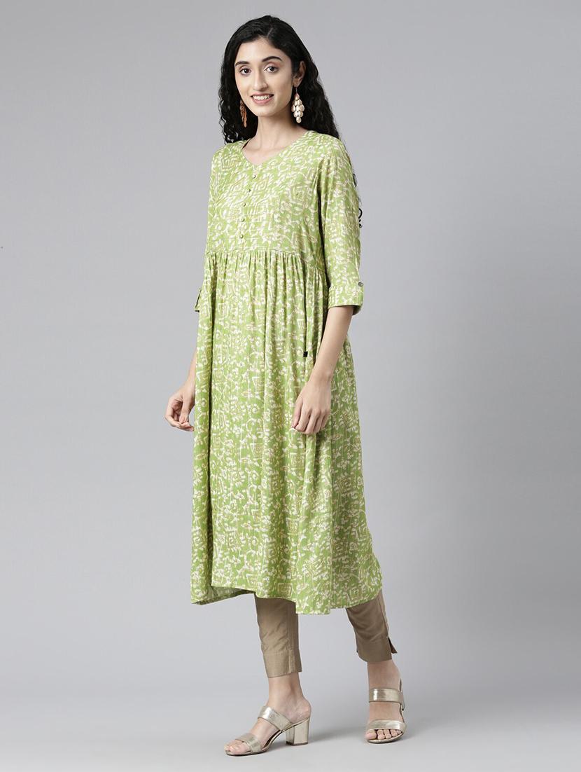 women printed three quarter sleeve a-line kurta - 21682796 - Standard Image - 2