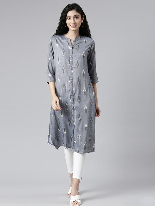 women self design three quarter sleeve straight kurta - 21682799 -  Standard Image - 0