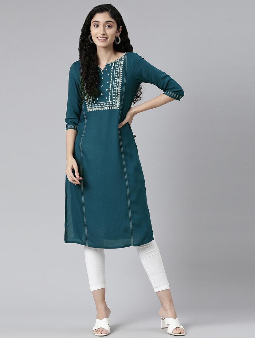 women embroidered three quarter sleeve straight kurta - 21682801 - Standard Image - 2