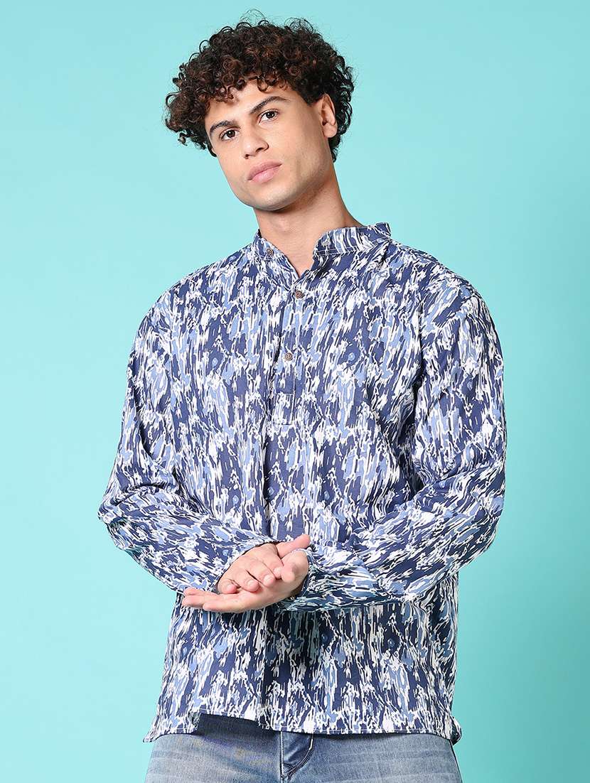 men mandarin neck printed short kurta