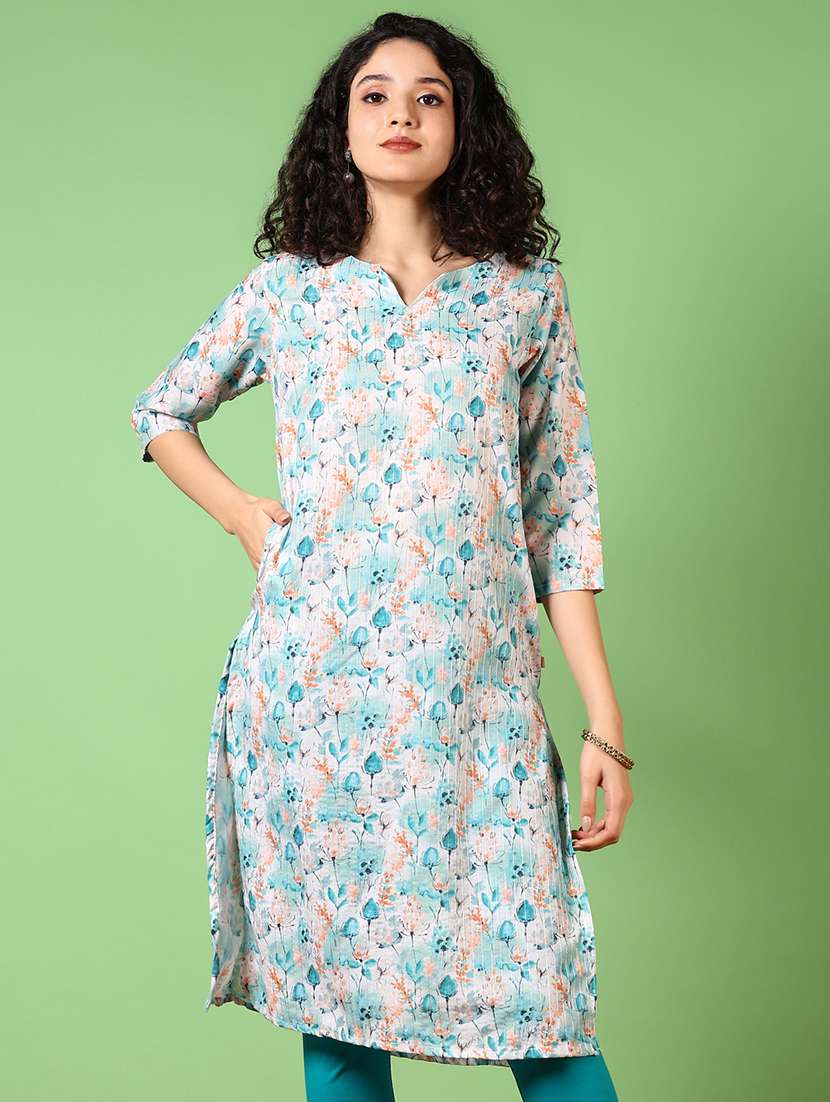 women printed three quarter sleeve kurta