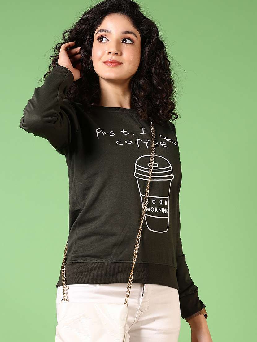 olive cotton front print sweatshirt