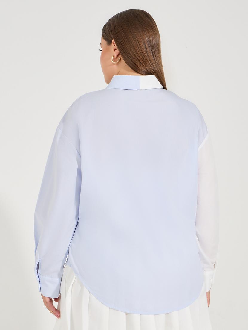 women plus size color blocked collared long sleeves shirt - 21683333 - Standard Image - 2