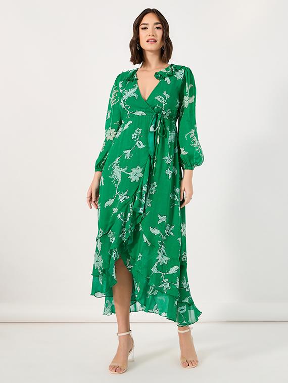 women printed puff sleeves wrap dress - 21683337 -  Zoom Image - 0