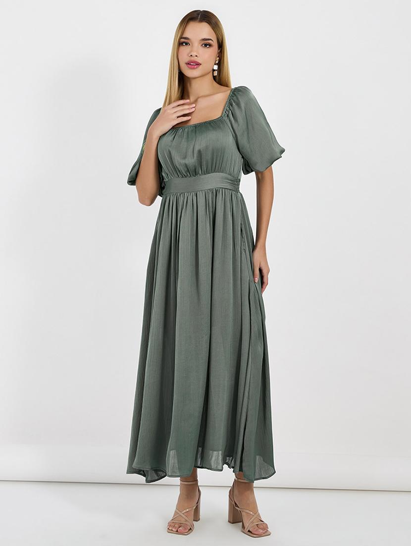 women solid puff sleeves fit & flared dress - 21683338 -  Zoom Image - 0
