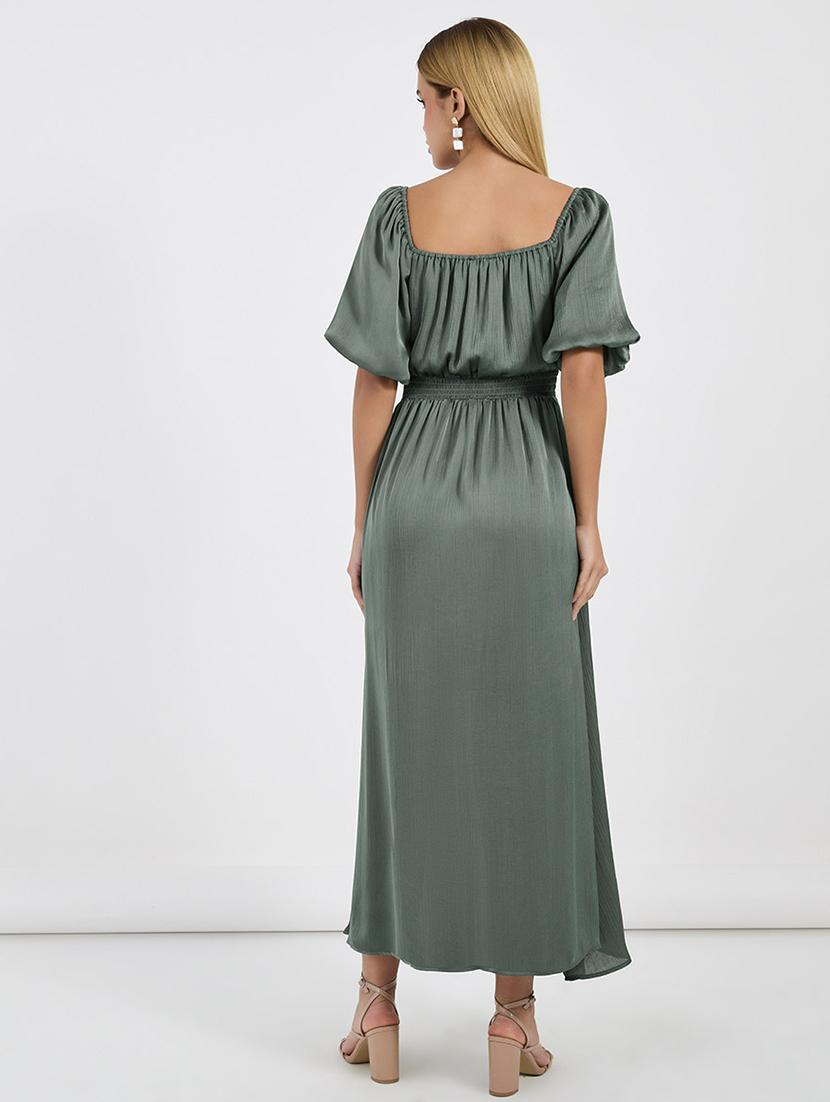 women solid puff sleeves fit & flared dress - 21683338 - Standard Image - 2