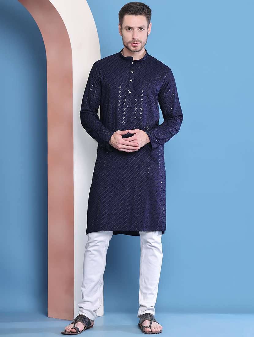 men mandarin neck sequined long kurta