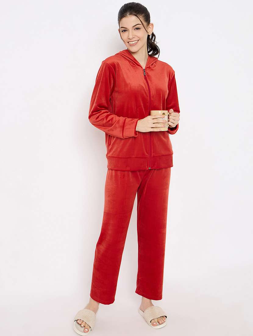 women solid hooded nightwear pyjama set - 21683541 -  Standard Image - 2