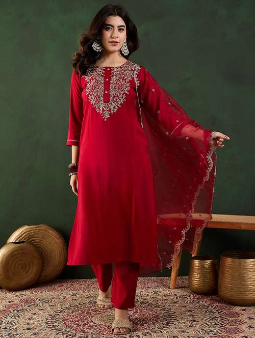 women three quarter sleeve kurta pant with dupatta set - 21683620 - Standard Image - 0