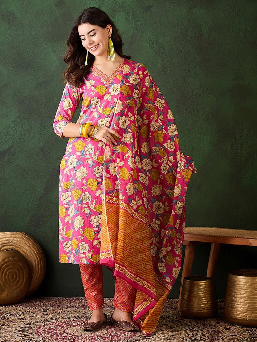 women three quarter sleeve kurta pant with dupatta set - 21683624 - Zoom Image - 0