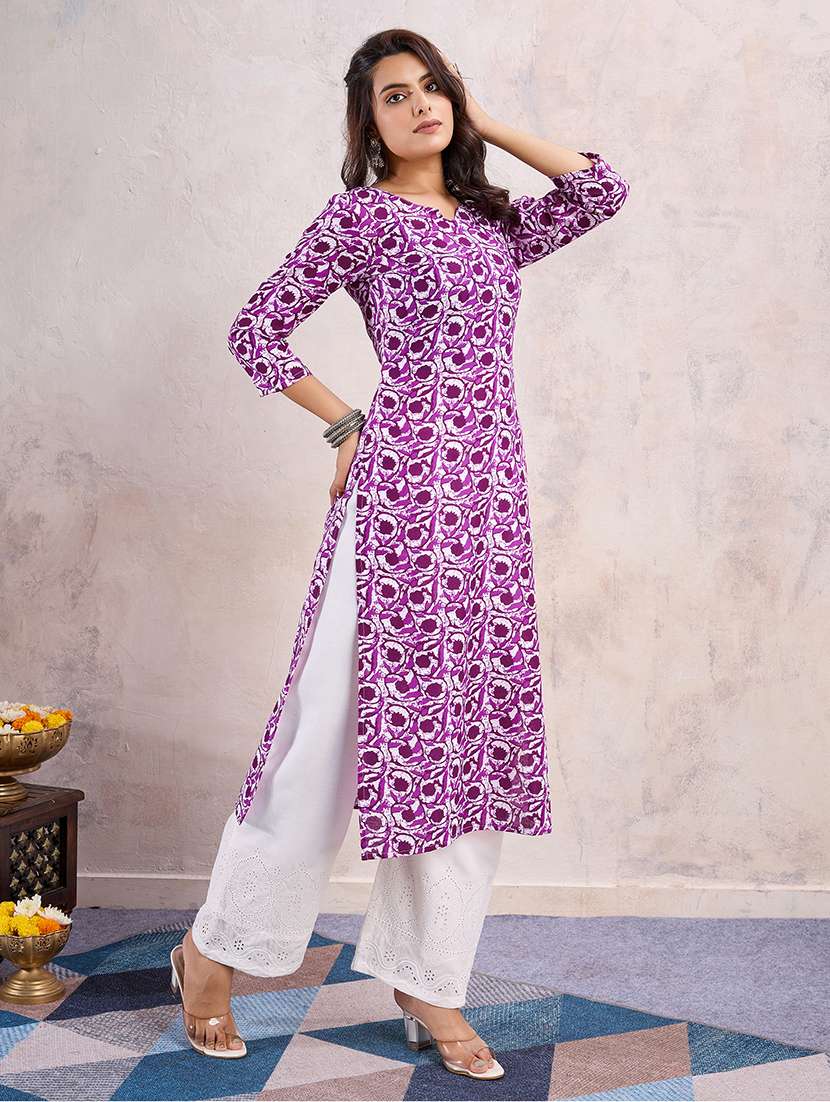 women purple three quarter sleeve straight kurta - 21683657 -  Standard Image - 2