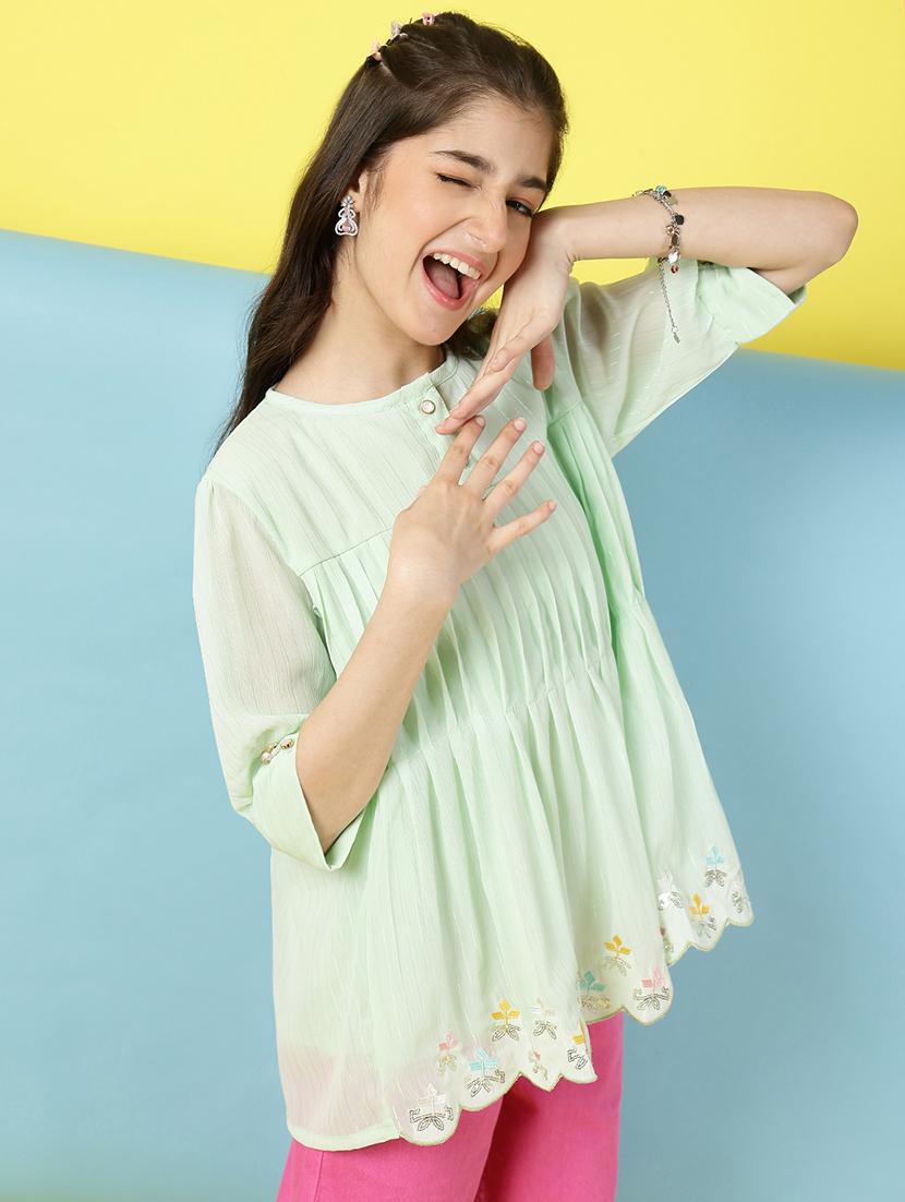 girls embellished puff sleeves a-line top - 21683773 - Standard Image - 2