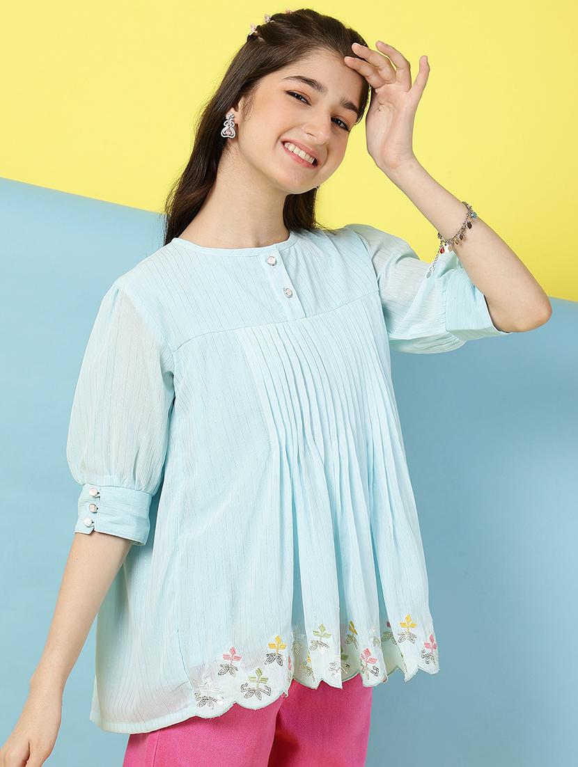 girls embellished puff sleeves a-line top - 21683774 - Standard Image - 2