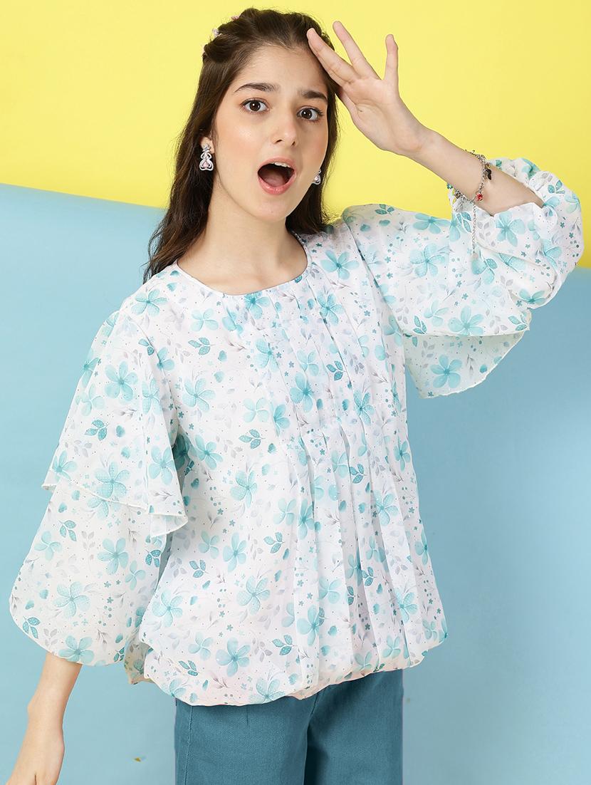 girl floral print ruffled sleeves blouson top - 21683780 - Standard Image - 2