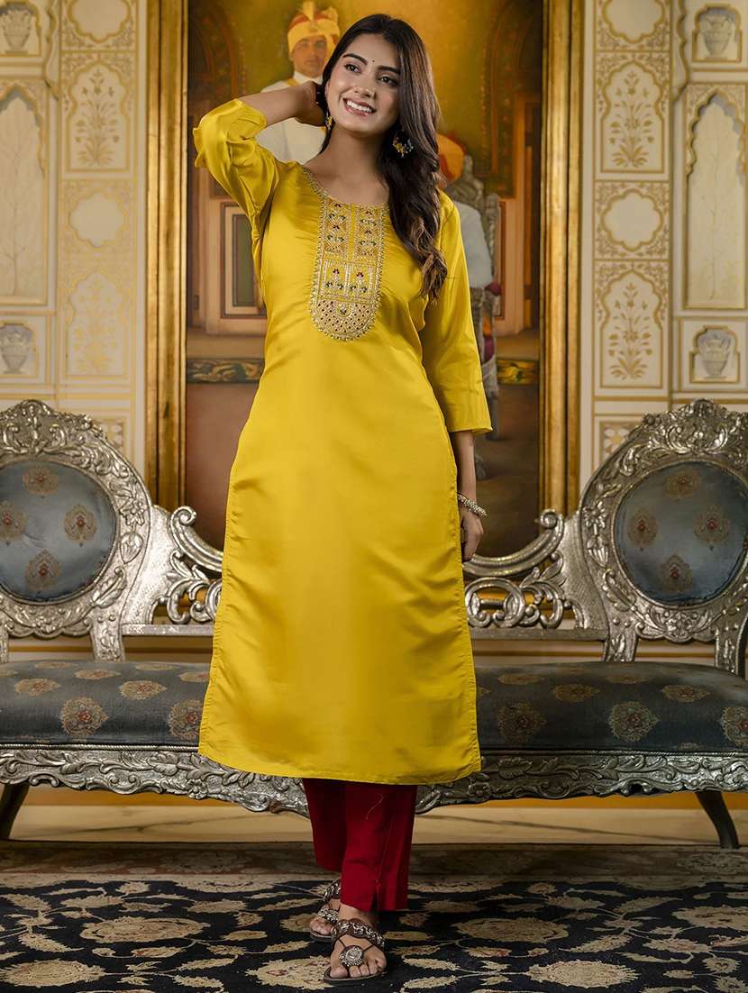 women embroidered three quarter sleeve straight kurta