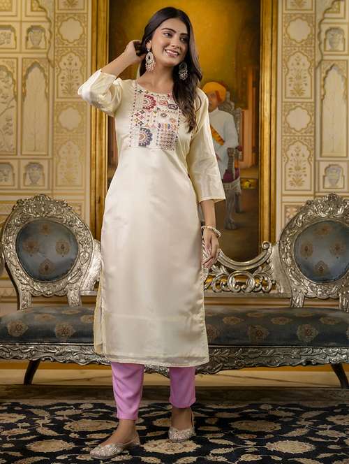 women embroidered three quarter sleeve straight kurta - 21683852 - Standard Image - 0