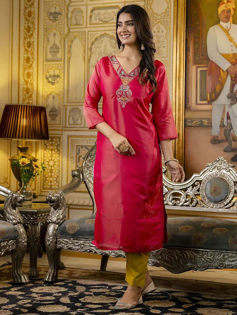women embroidered three quarter sleeve straight kurta