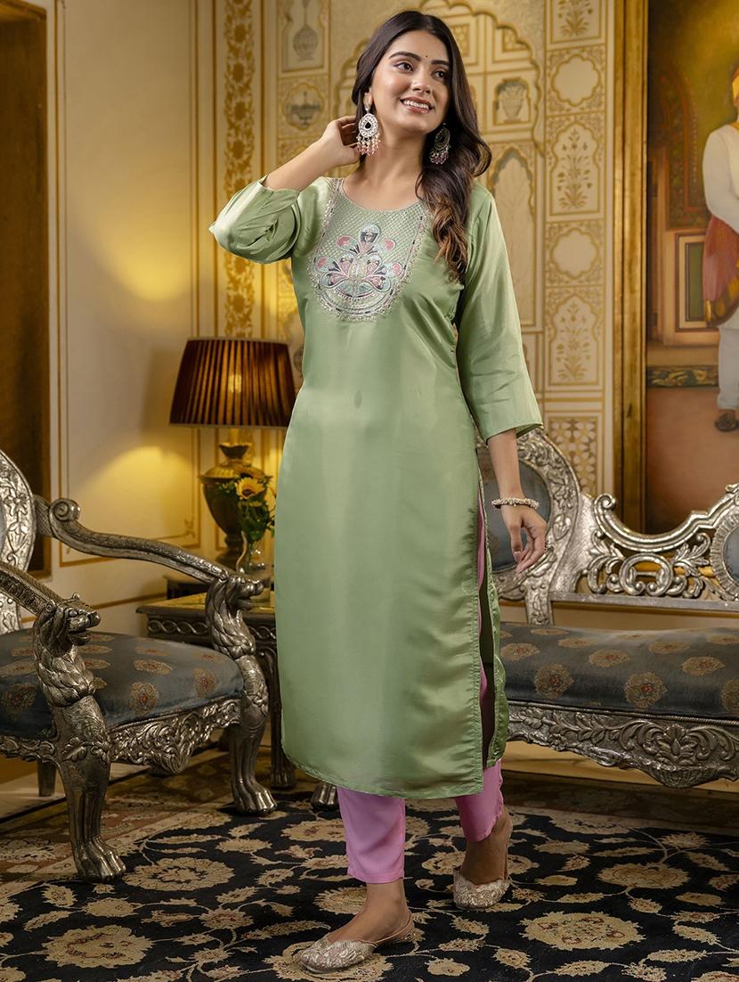 women embroidered three quarter sleeve straight kurta - 21683855 - Standard Image - 2