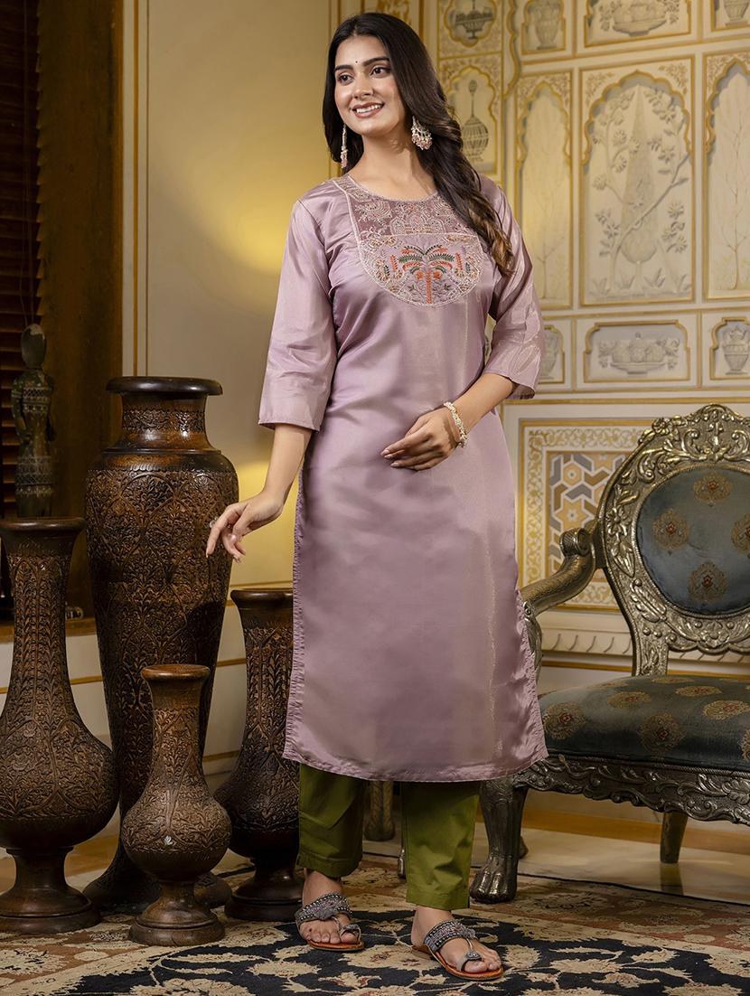 women embroidered three quarter sleeve straight kurta - 21683856 - Standard Image - 2