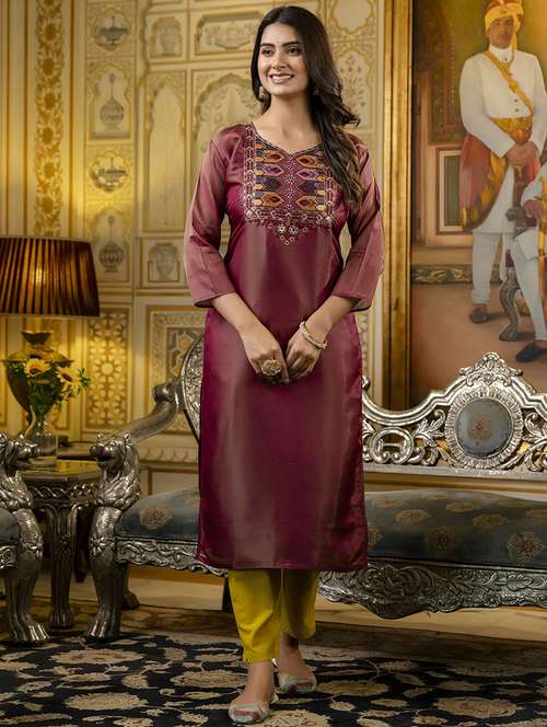 women embroidered three quarter sleeve straight kurta - 21683857 - Standard Image - 0