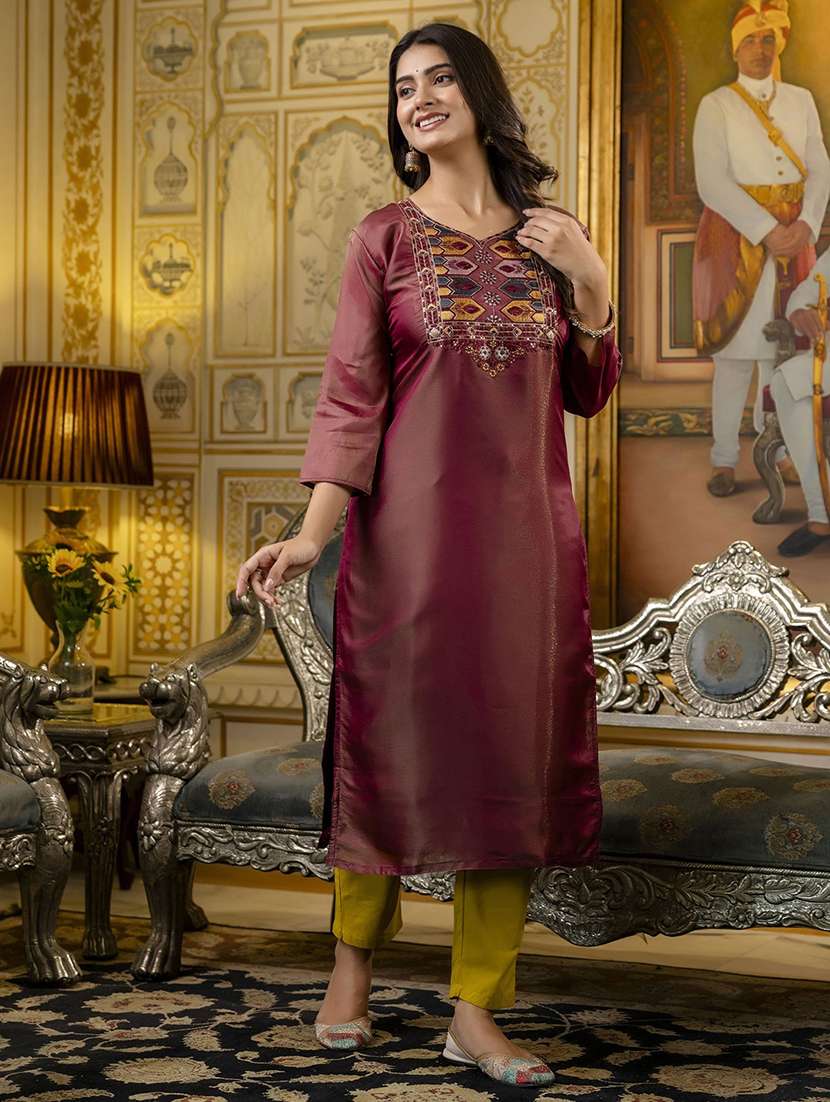 women embroidered three quarter sleeve straight kurta - 21683857 - Standard Image - 2