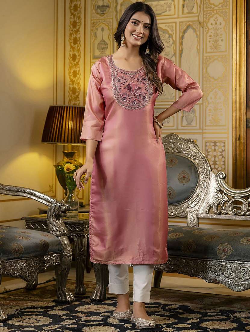women embroidered three quarter sleeve straight kurta
