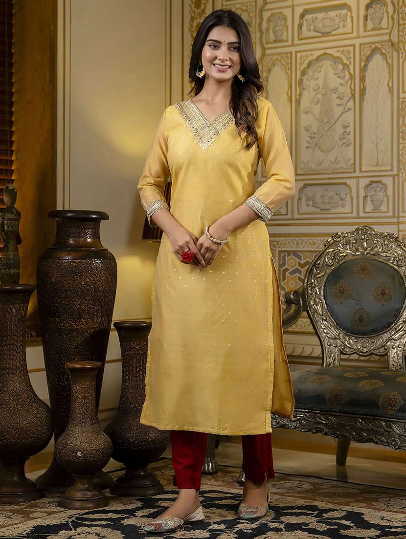 women embroidered three quarter sleeve straight kurta