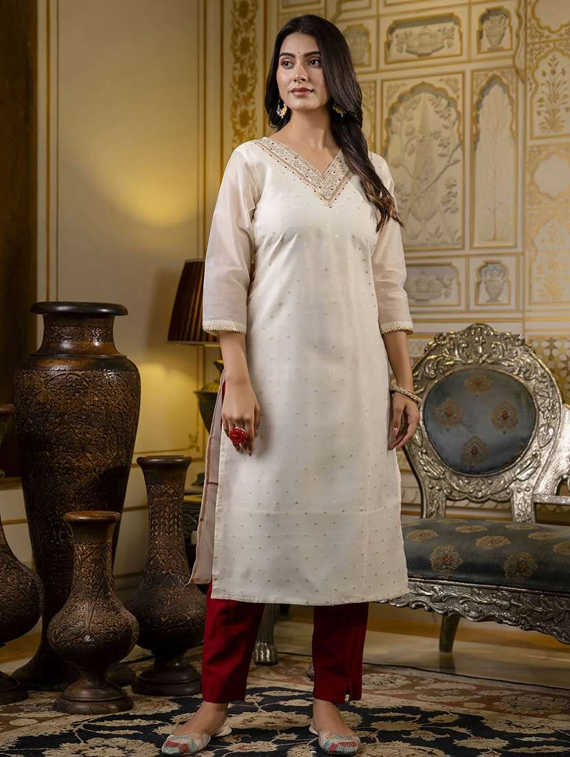 women embroidered three quarter sleeve straight kurta