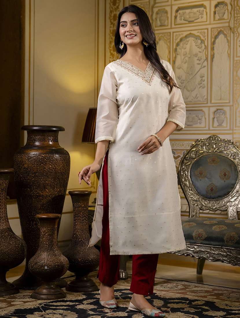 women embroidered three quarter sleeve straight kurta - 21683867 -  Standard Image - 2