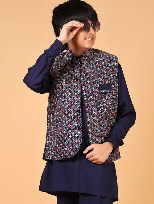 boys solid kurta pyjama with embroidered jacket - 21683983 -  Standard Image - 0
