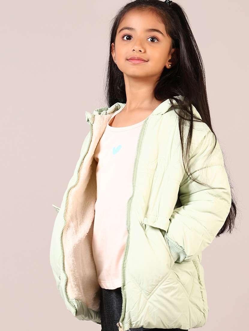 girls solid long sleeve hooded quilted jacket
