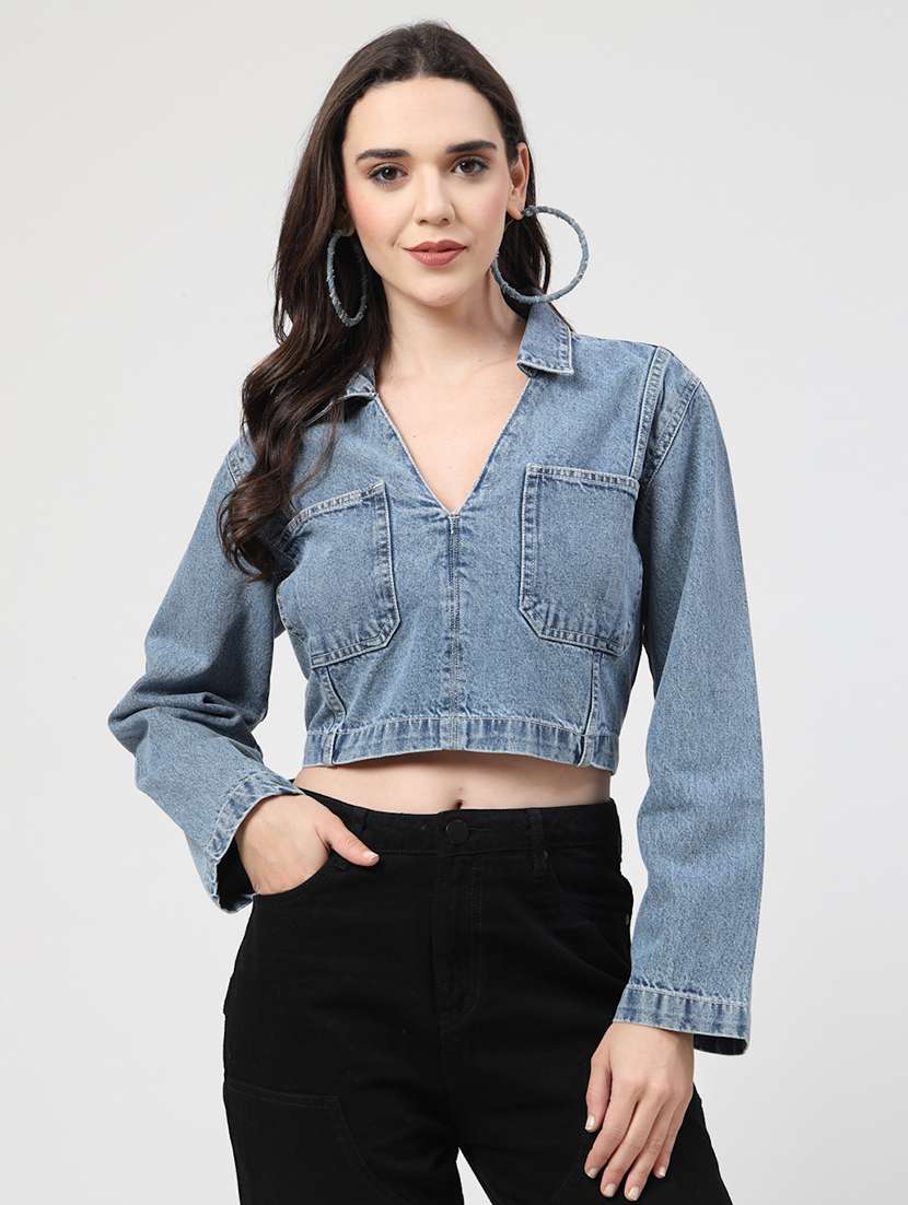 women solid collared crop denim top