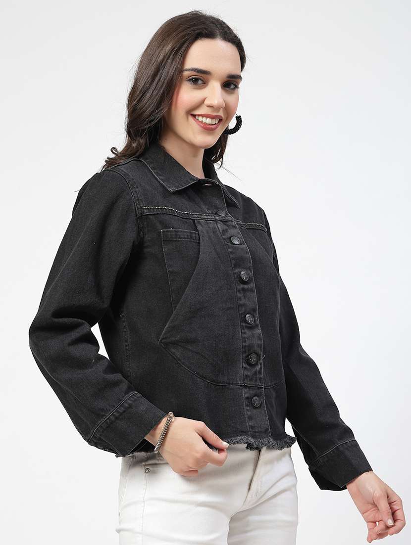 women solid long sleeves denim jacket - 21684118 - Standard Image - 2
