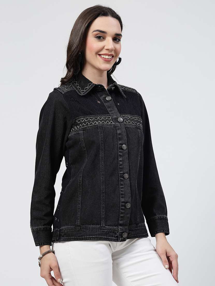 women solid long sleeves denim jacket - 21684119 - Standard Image - 2
