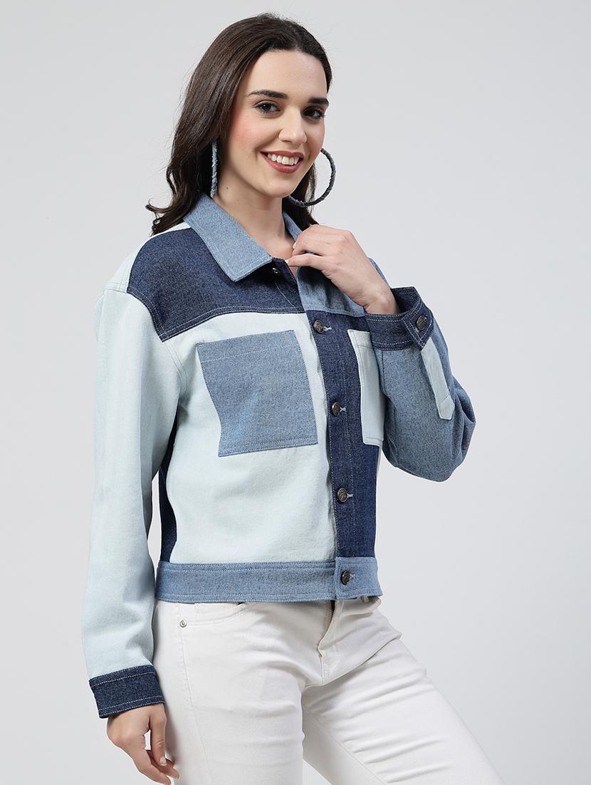 women color blocked long sleeves denim jacket - 21684120 - Standard Image - 2