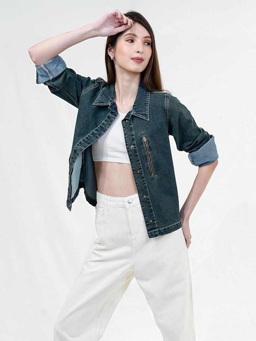 women solid long sleeves denim jacket - 21684121 - Standard Image - 2