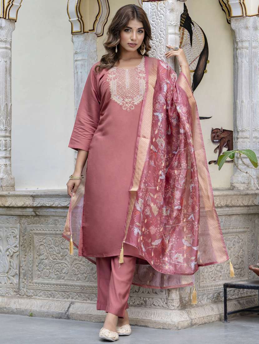 women embroidered three quarter sleeve suit set