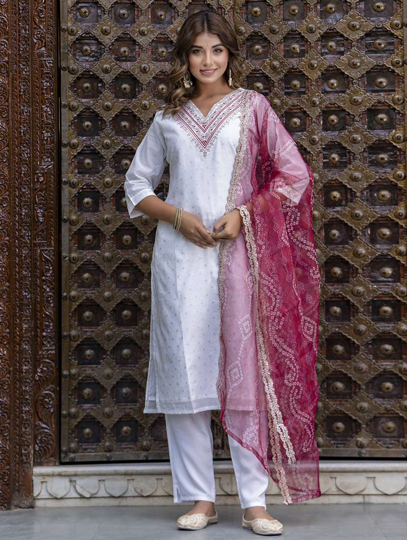 women three quarter sleeve kurta pant with dupatta set