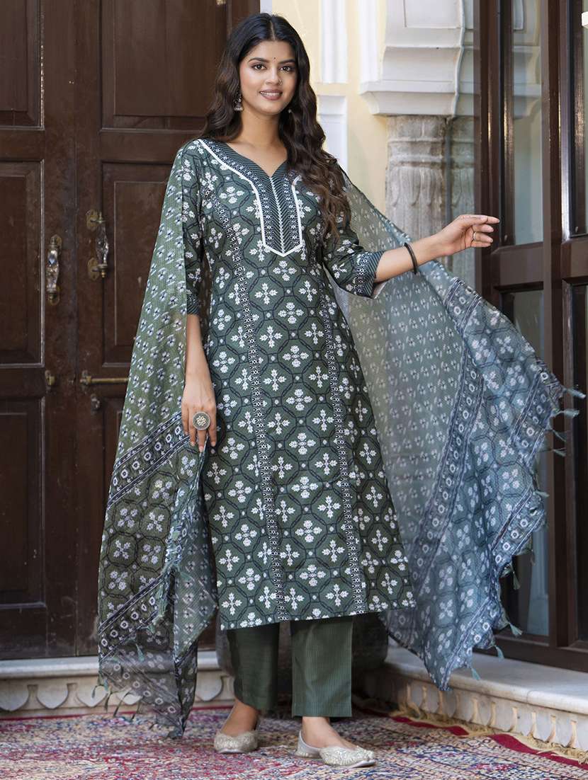 women three quarter sleeve kurta palazzo with dupatta set
