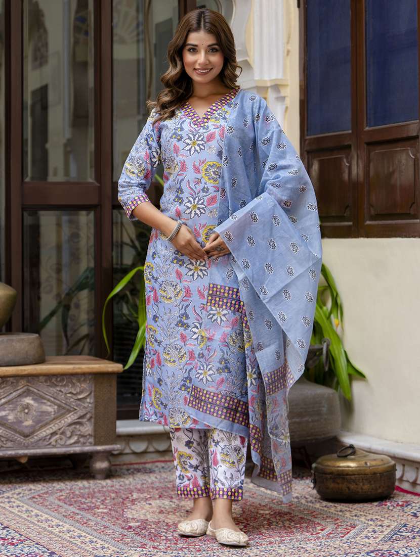 women three quarter sleeve kurta pant with dupatta set
