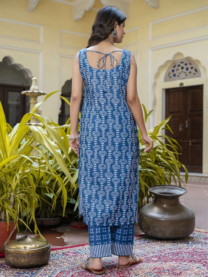 women blue printed sleeveless kurta pant with dupatta set - 21684221 -  Standard Image - 2