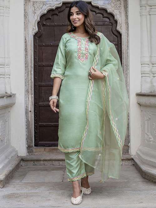 women three quarter sleeve kurta pant with dupatta set - 21684240 -  Standard Image - 0