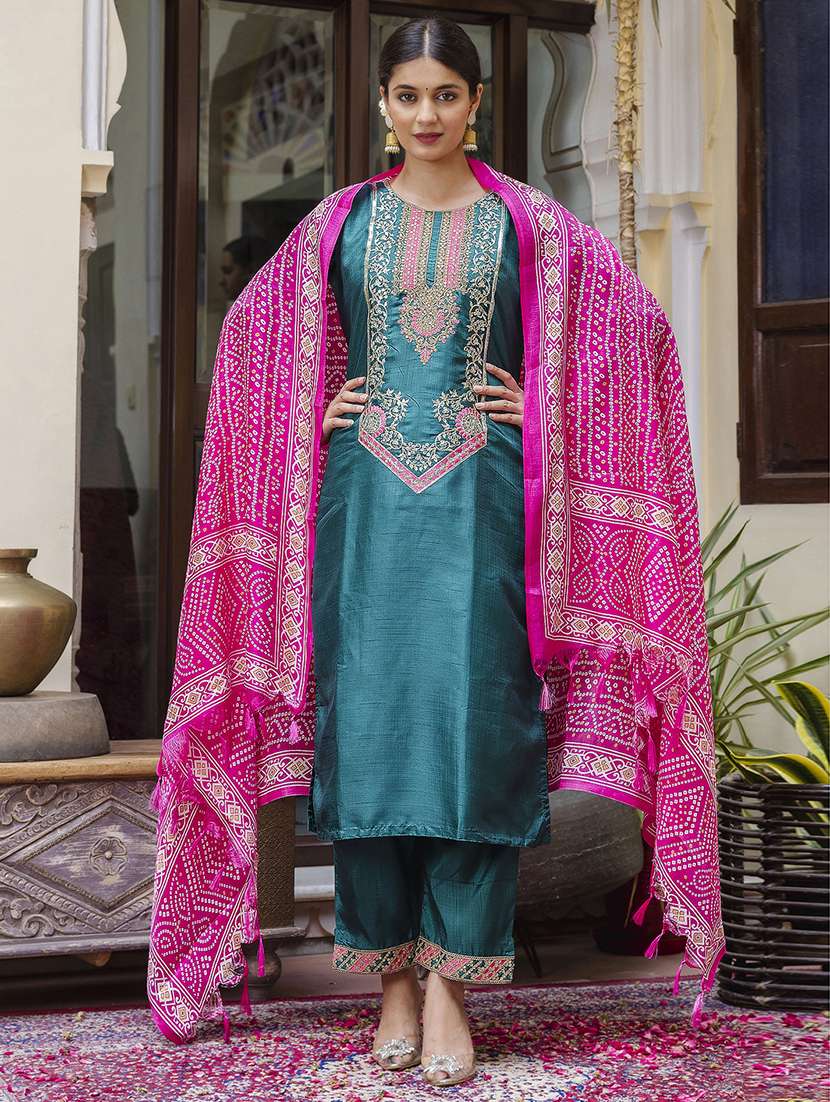 women three quarter sleeve kurta pant with dupatta set